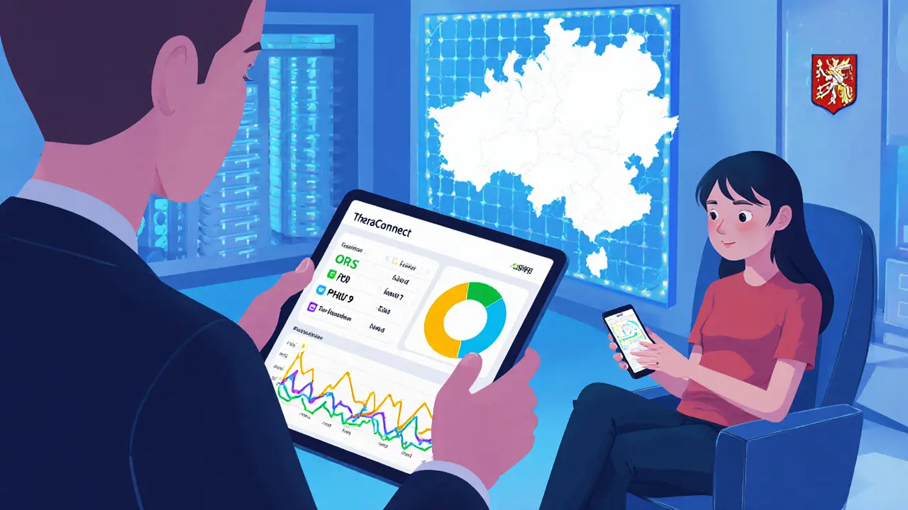 Terapeut používá tablet s grafy výstupů, pacient má aplikaci pro teleterapii, pozadí ukazuje národní databázi.