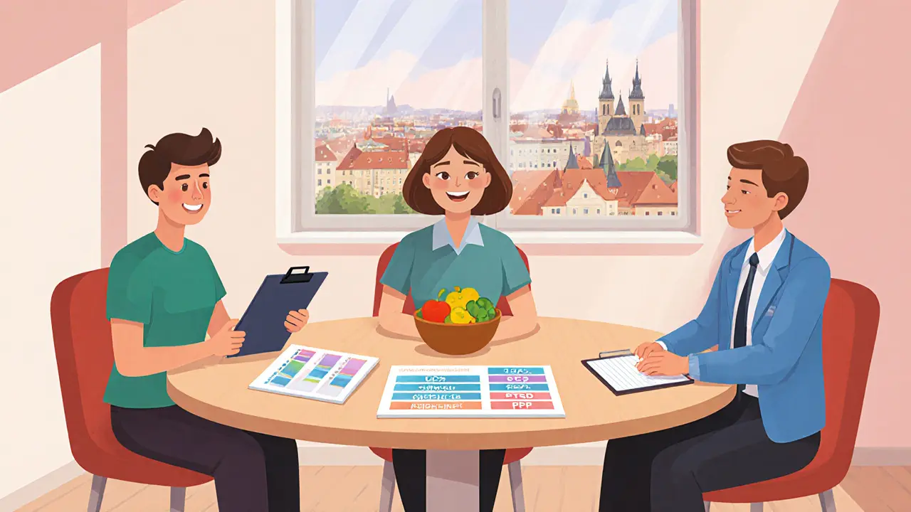 Tým psychoterapeuta, výživového specialisty a psychiatra diskutuje léčbu.