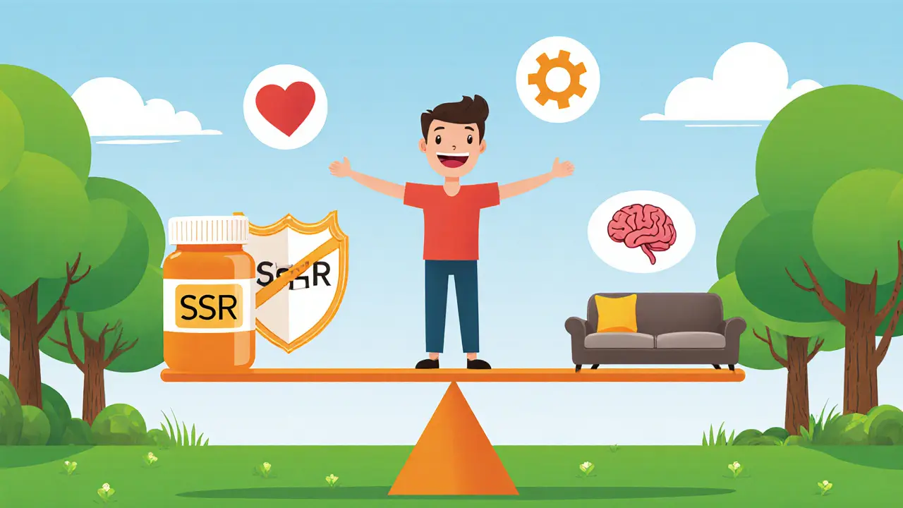 Váha v parku rovnováhu mezi pilulkou a terapeutickým gaučem.