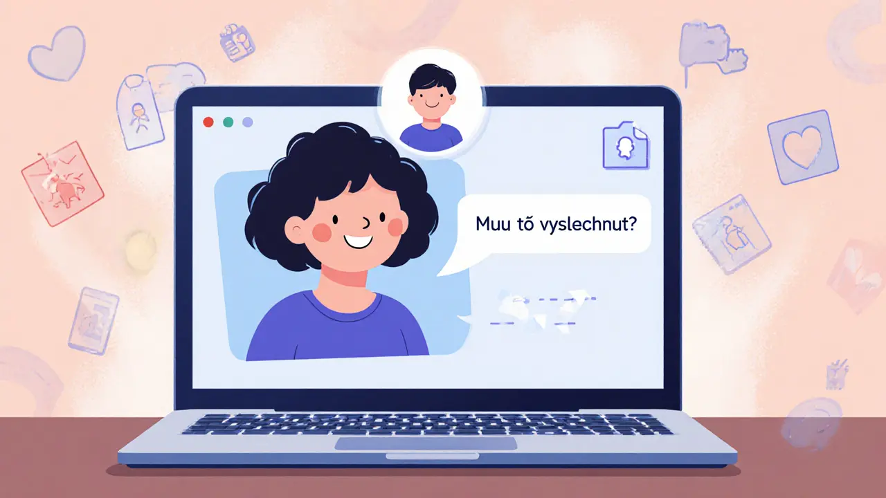 Anonymní uživatel chatuje s přátelským poradcem na obrazovce počítače s klidným pozadím.