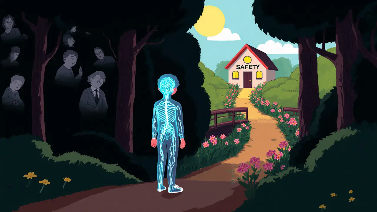 Člověk stojí na rozcestí mezi temným minulým a osvětlenou cestou k bezpečí.