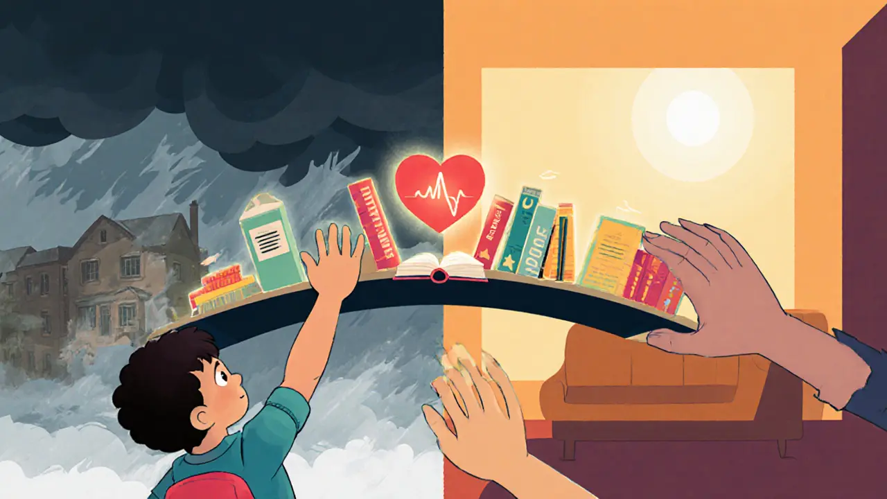 Dítě a dospělý se dotýkají rukou, mezi nimi most z knih a srdce.