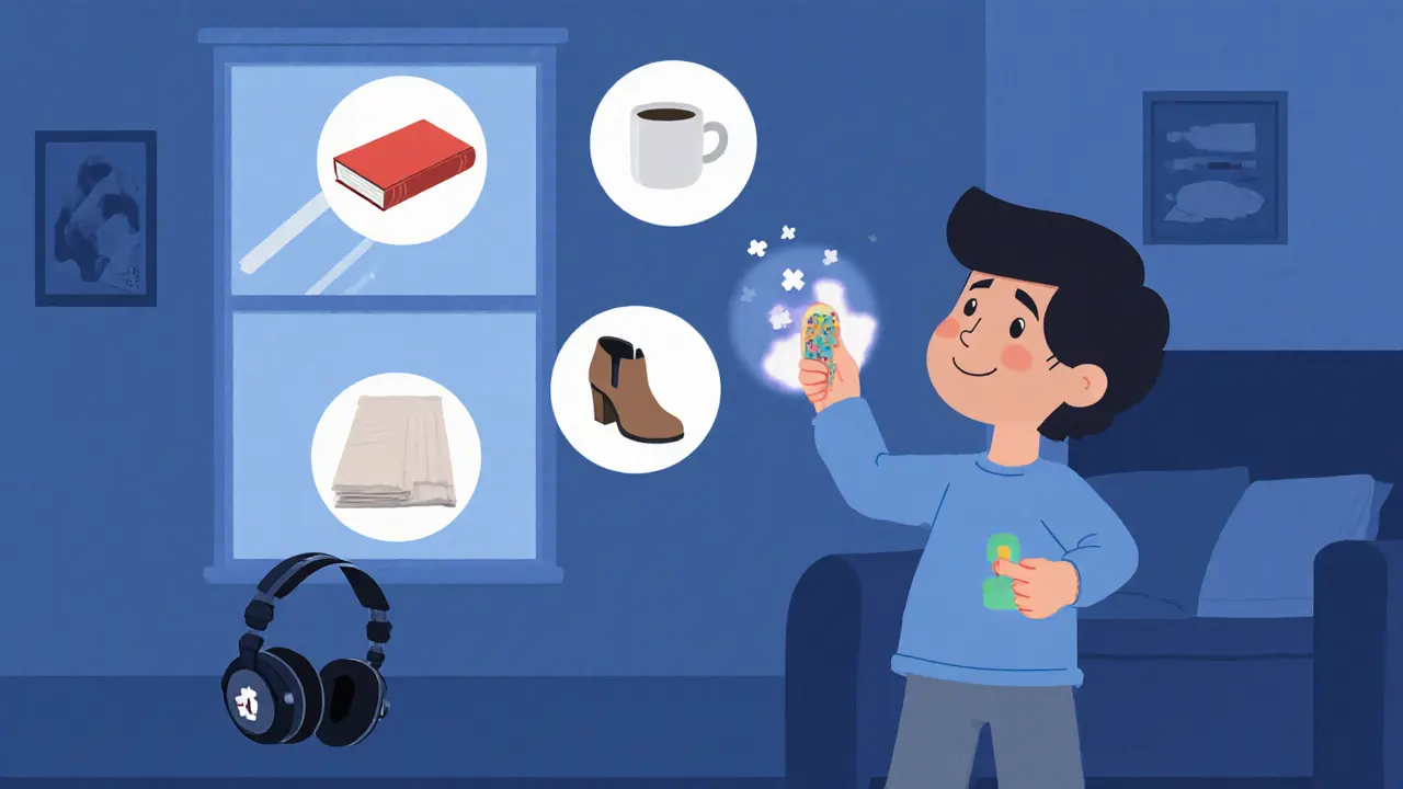 Dítě používá techniku 5-4-3-2-1, ukazuje na předměty v místnosti s vizuálními nápovědami.