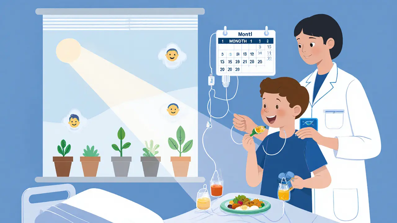 Dítě v nemocnici je krmeno rodičem, monitor ukazuje zlepšení, venku roste strom.