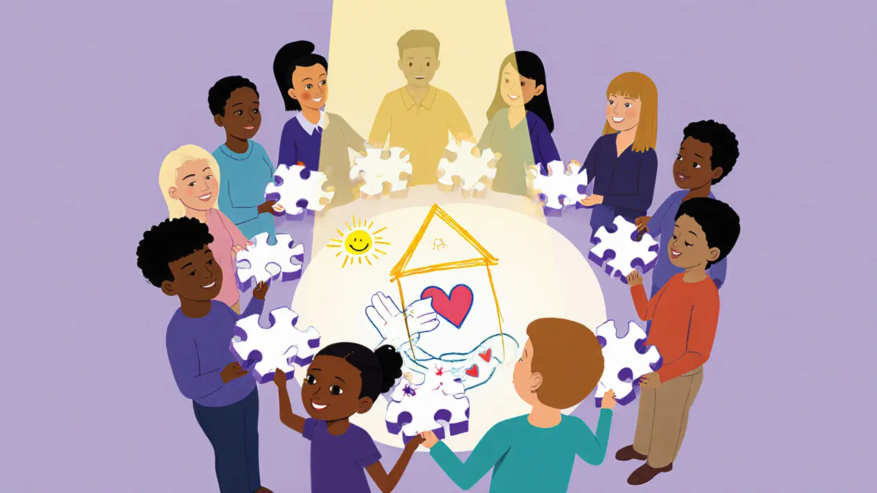 Dospělí drží kousky skládačky ve tvaru jizev, nad nimi světlo osvětluje dítěti kresbu domova.