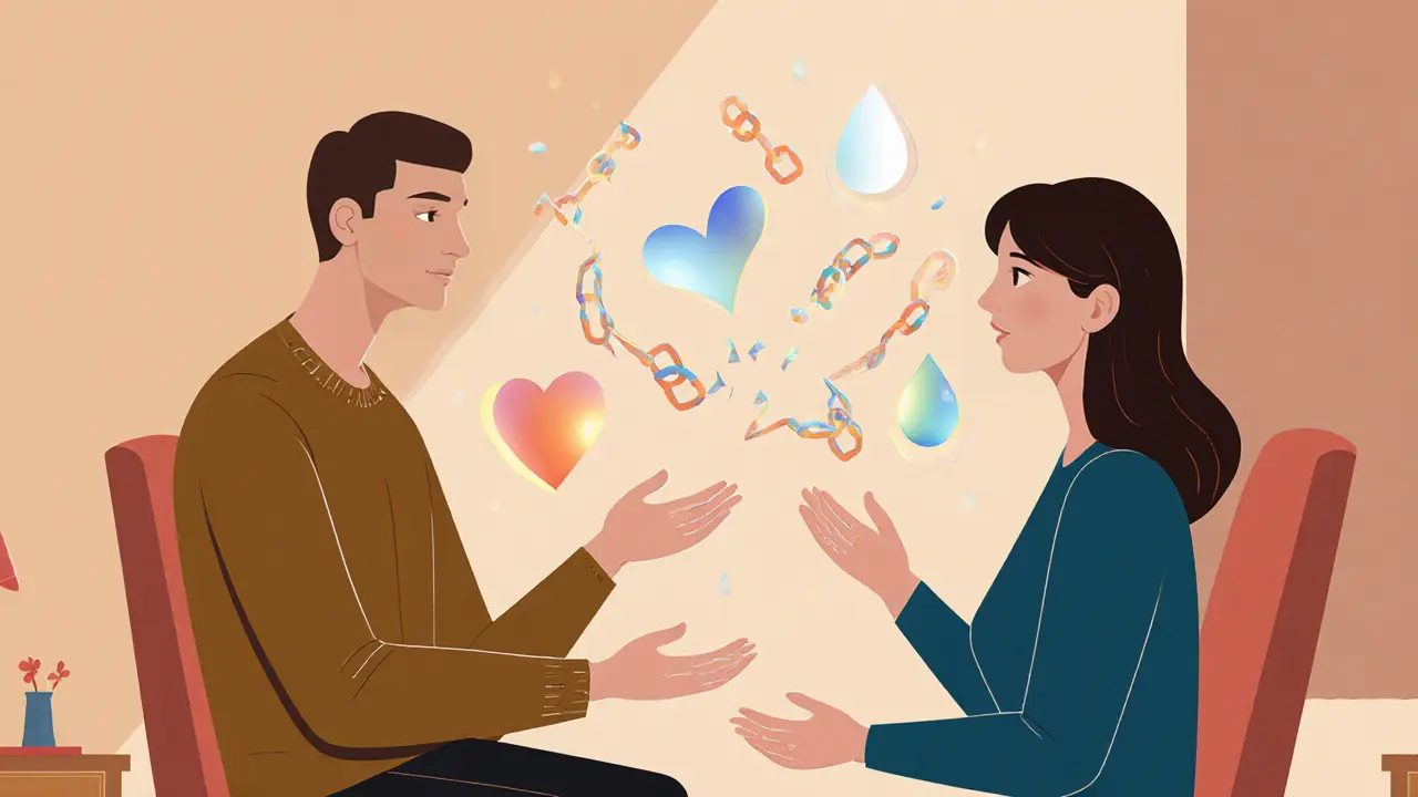 Dospělý a terapeut sedí spolu, mezi nimi plavou symboly hojení jako řetězy a srdce.