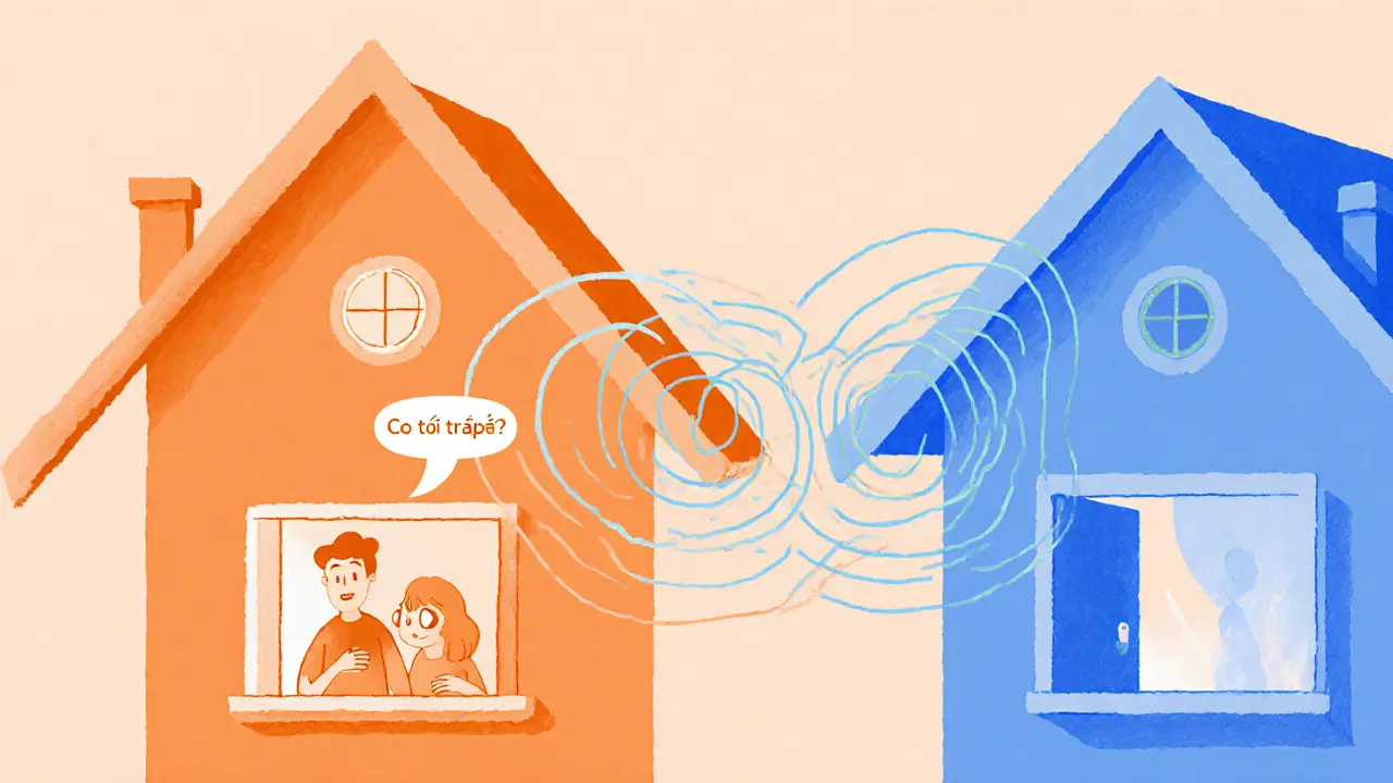 Dům s dvěma okny: jedna osoba mění svou reakci, což způsobí změnu v celém vztahu, znázorněno barevnými vlnami.