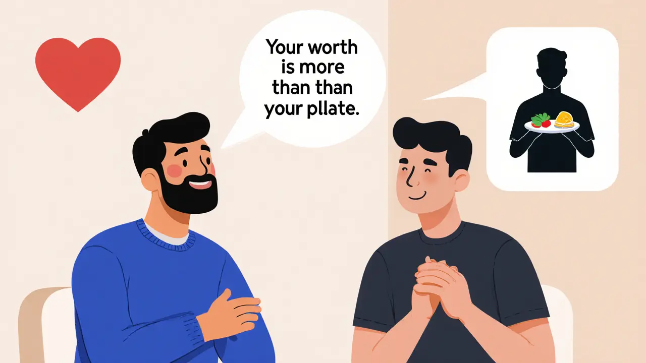 Dva muži v terapii se navzájem podporují, symbolizují sdílení zkušeností a přijetí.