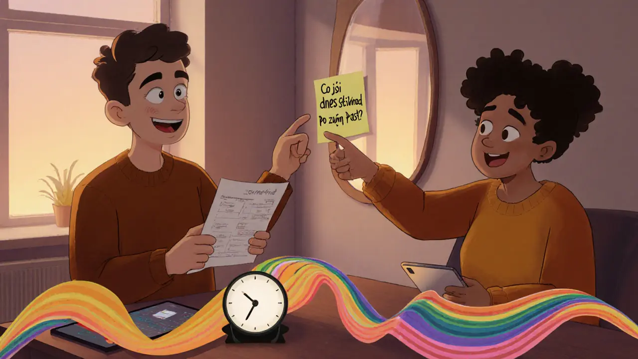 Dva přátelé se baví o dnešních úkolech, na zrcátku je nálepka s připomínkou časovače.