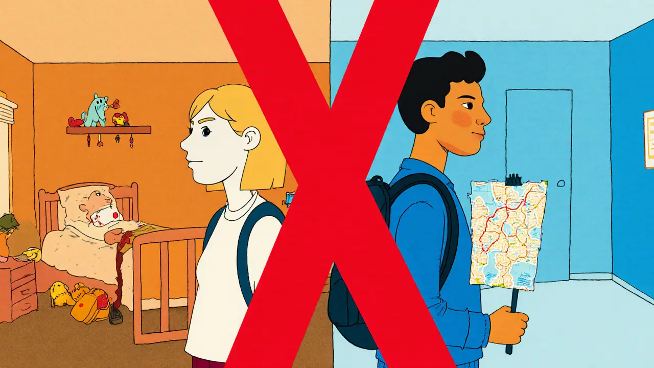 Dvě postavy zády k sobě, jedna vedle dětského pokoje, druhá s cestovním batohem, červené X mezi nimi.