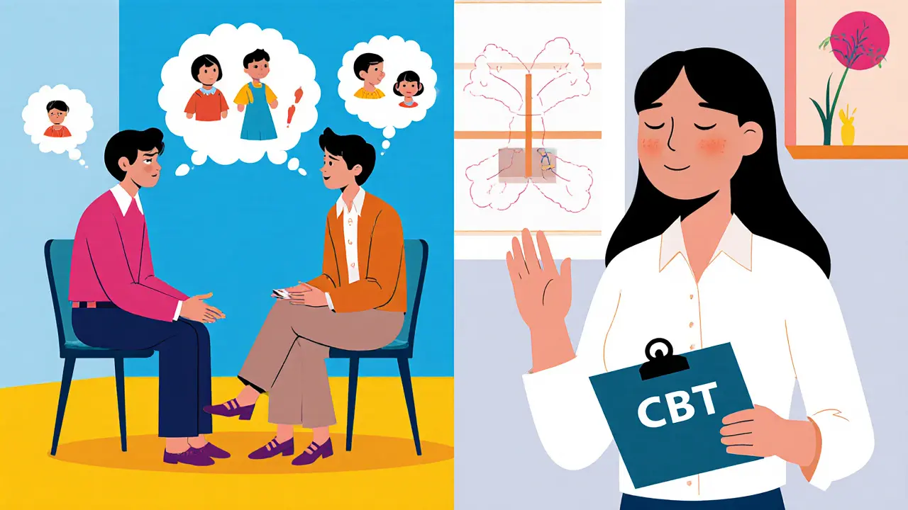 Dvě scény psychoterapie: klasická analýza a moderní kognitivně-behaviorální terapie.