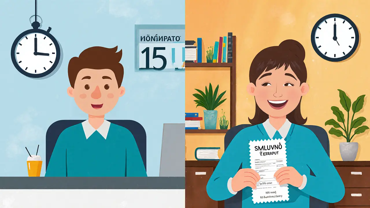 Dvě scény terapie: jedna s omezeným časem a druhá s plnou pozorností, karikaturistický styl.