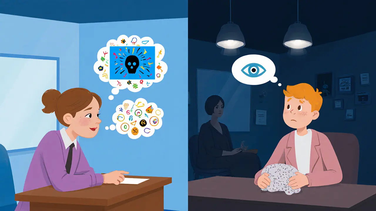 Dvě scény: vlevo terapeut tlakem vytváří stres, vpravo klid a přijetí bez slov — kontrast přístupů k shutdownu.