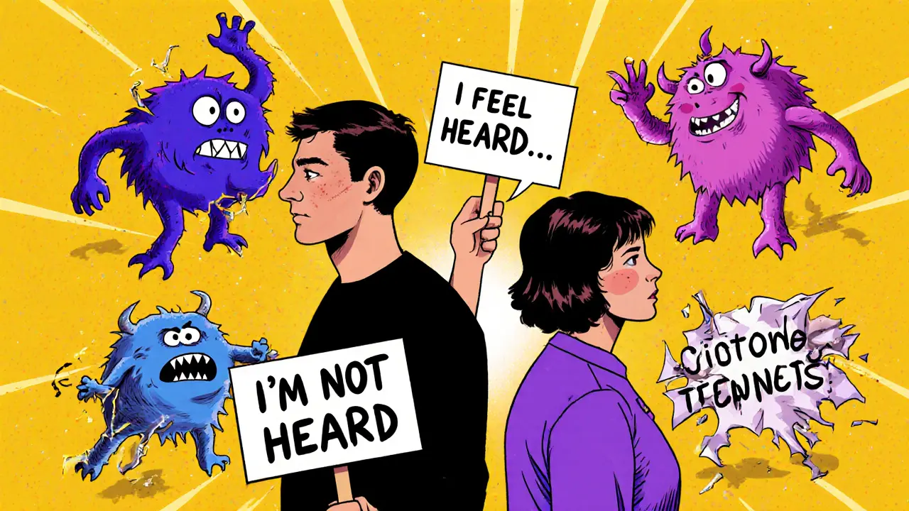 Dvojice stojí zády k sobě, kolem nich čtyři špatné vzorce komunikace, které se zhroutí, když se objeví slovo &#039;Cítím...&#039;