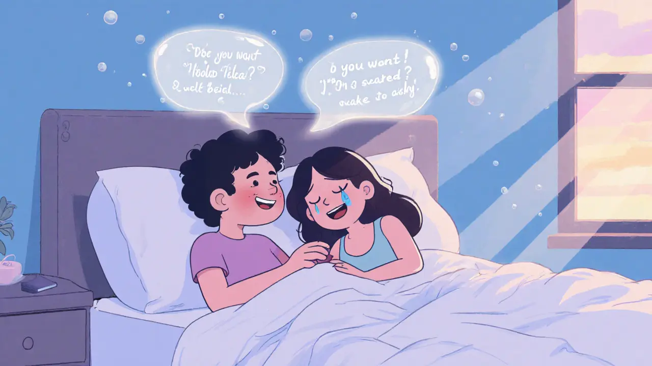 Dvojice v posteli, nad nimi plavou slova lásky a strachu, zatímco světlo rána proniká do místnosti.