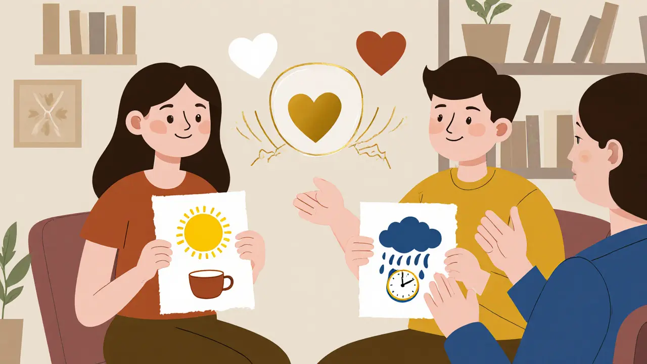 Dvojice ve vztahové terapii ukazuje své emoce na kreslených mapách, terapeut je spojuje jemnými vlnami.