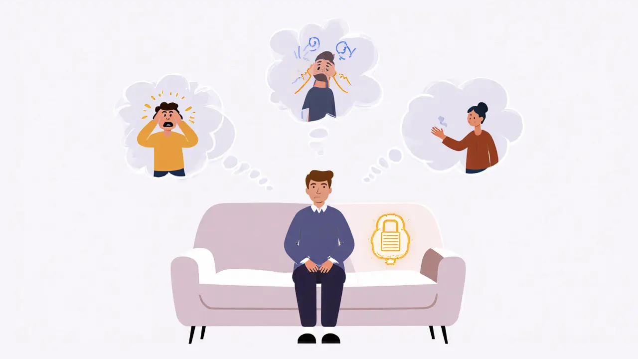 Klient na pohovce s představou neviditelné podpory supervize nad ním.