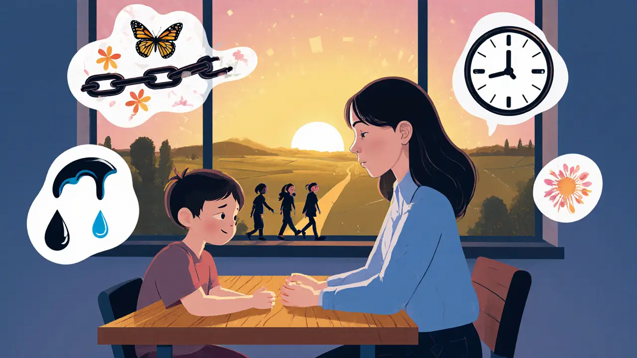 Konzultant a dítě spolu sedí, zatímco kolem nich vznikají symboly naděje a uzdravení.