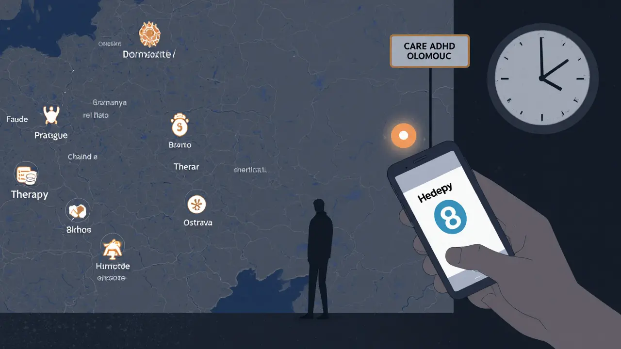 Mapa Česka s terapiemi jen ve třech městech, ostatní oblasti prázdné, jedna osoba čeká na schůzku.