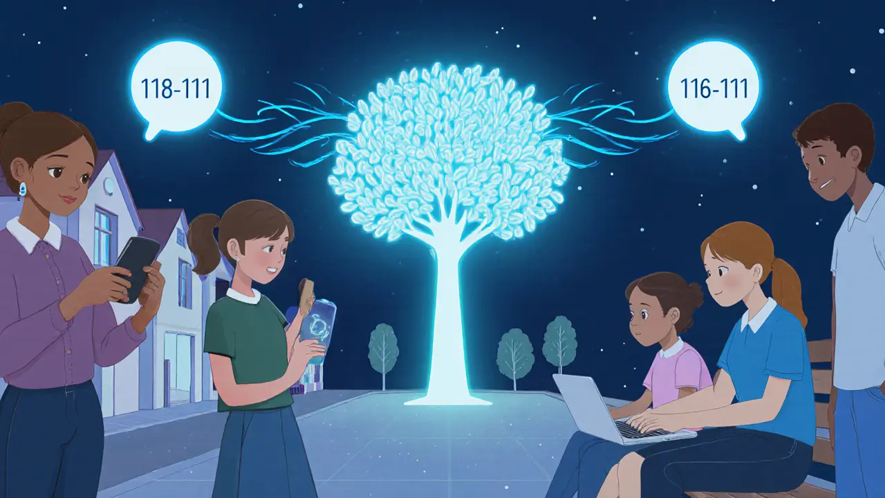 Mladí lidé v různých prostředích jsou spojeni zářivými vlnami směřujícími k číslu 116 111.