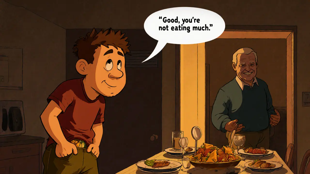 Muž skrývá jídlo před otcem, který si myslí, že je to dobré, zatímco muž je vnitřně zneklidněný.