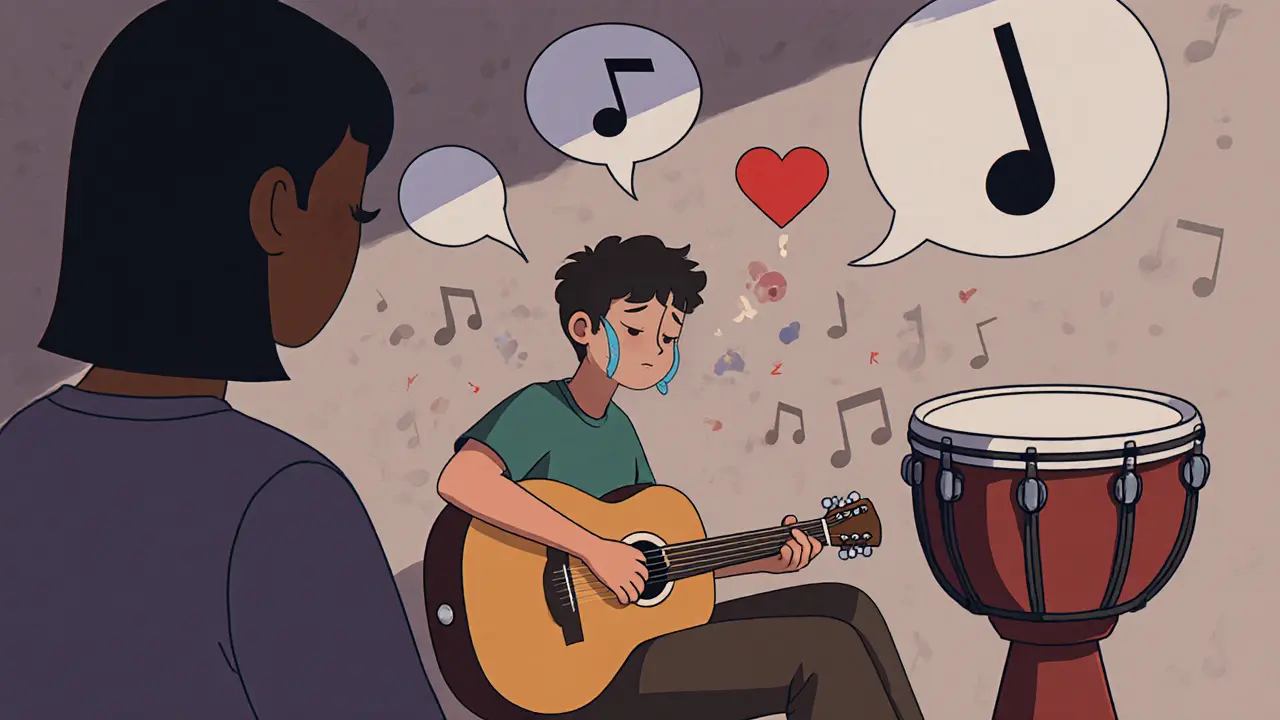 Nepřítomná dívka drží kytaru, terapeut ji doprovází na bicích, emoce se mění v hudbu.