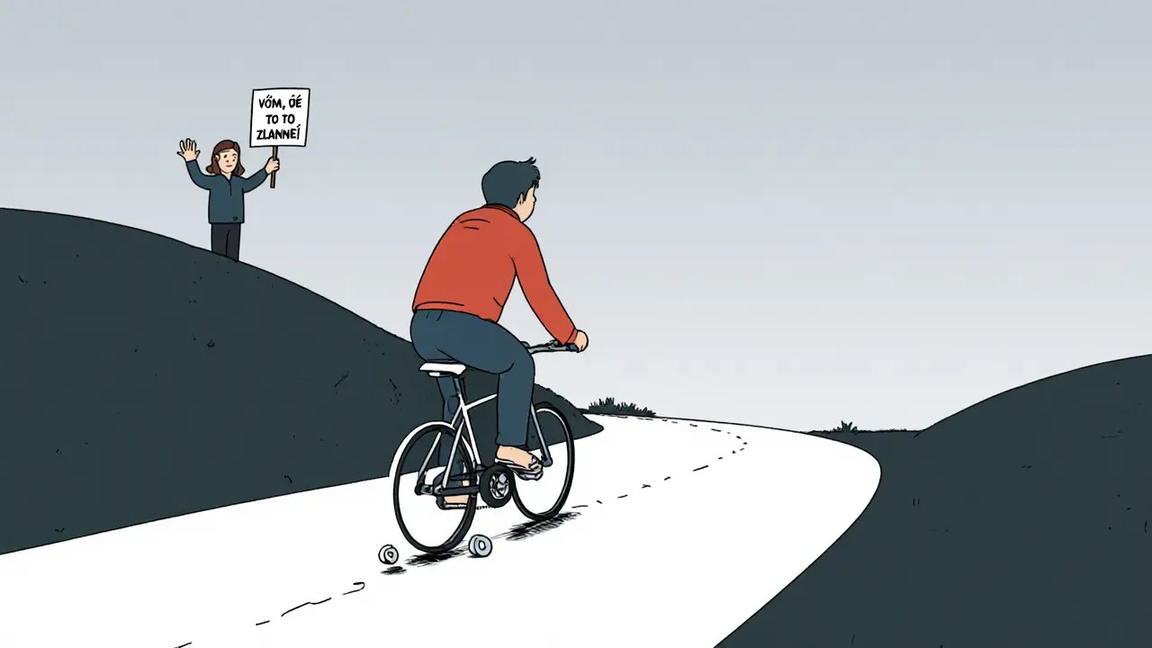 Osoba jezdí na kole bez podpěr, terapeut vzdáleně vlní rukou.