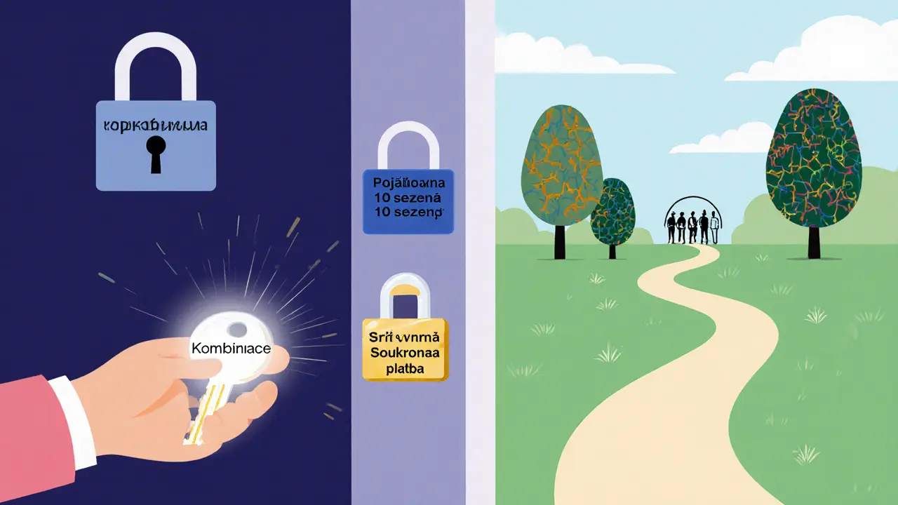 Osoba používá klíč k kombinaci pojišťovny a soukromé terapie, ilustrace v karikaturistickém stylu.