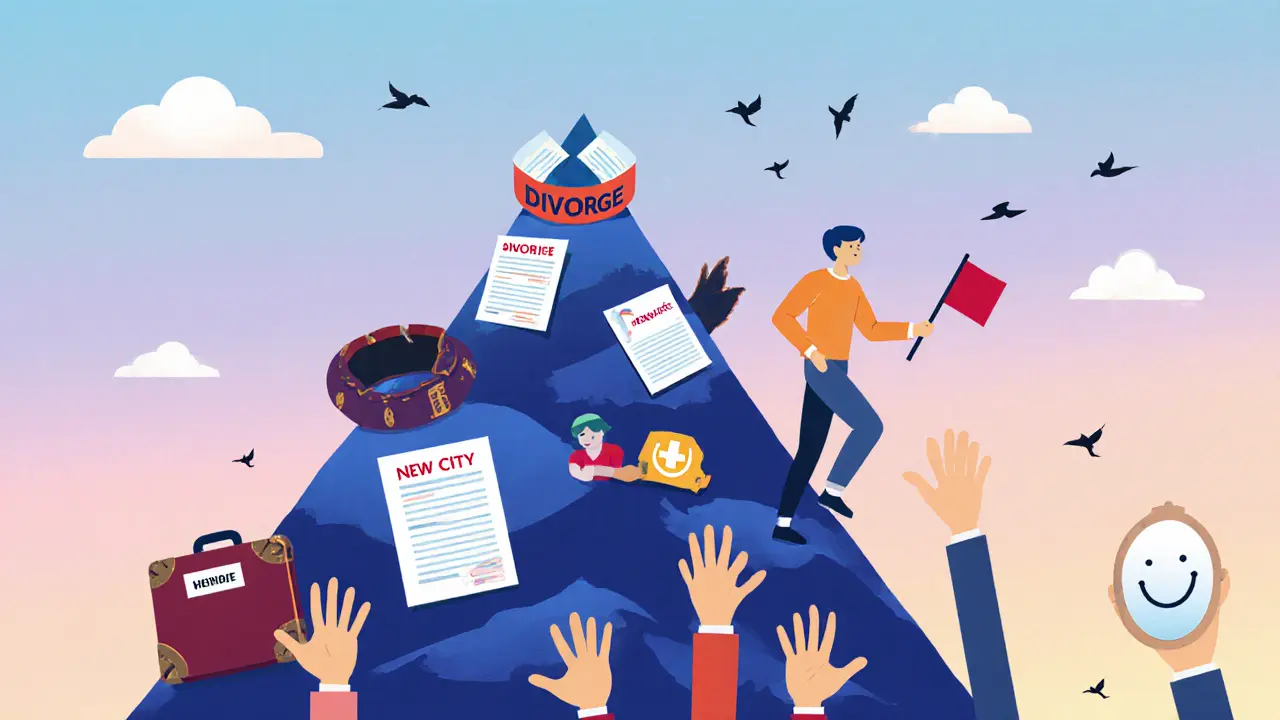 Osoba šplhá po hoře z výzev, podporovaná rukama blízkých a sebevědomí, na vrcholu se dívá do zrcadla.