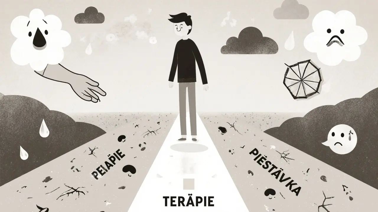 Osoba stojí na křižovatce s dvěma cestami, jedna označena terapií, druhá přestávkou.
