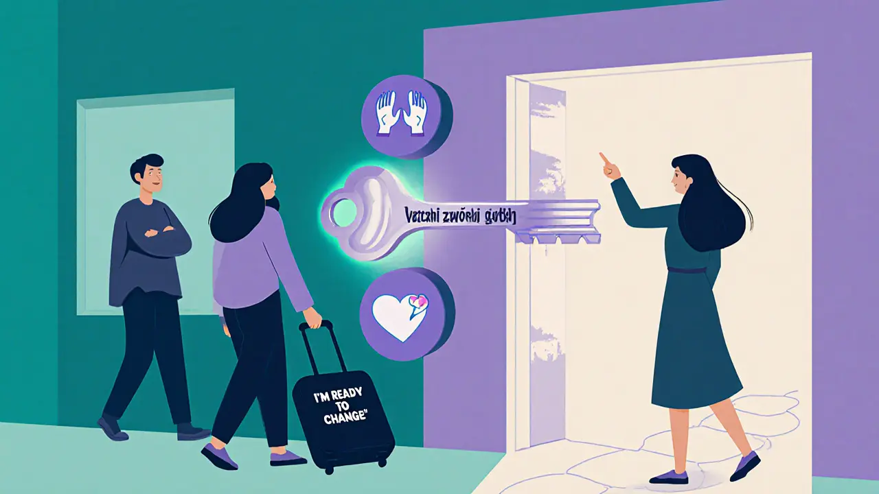 Osoba vstupuje do terapie s kufrem, partner se zvědavě dívá do místnosti, terapeut drží klíč k vztahovým cyklům.