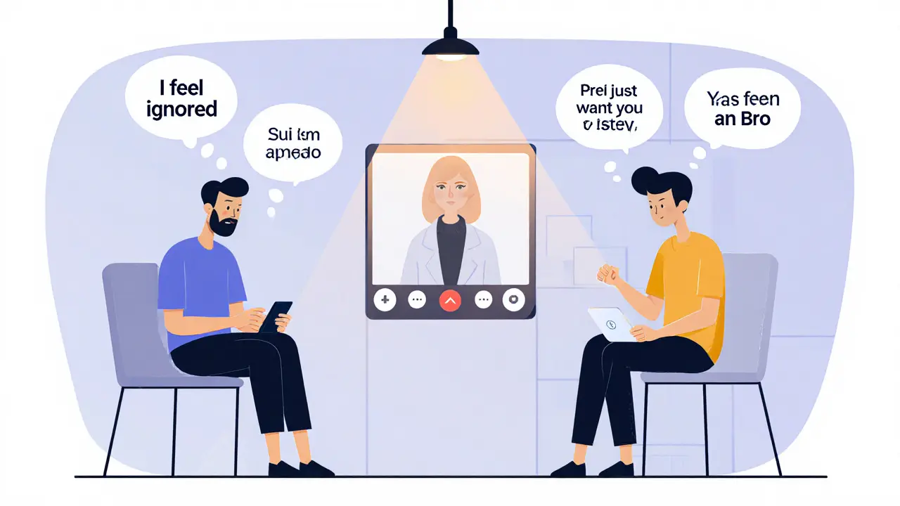 Pár sedí v různých městech a komunikuje skrze videohovor s terapeutem.