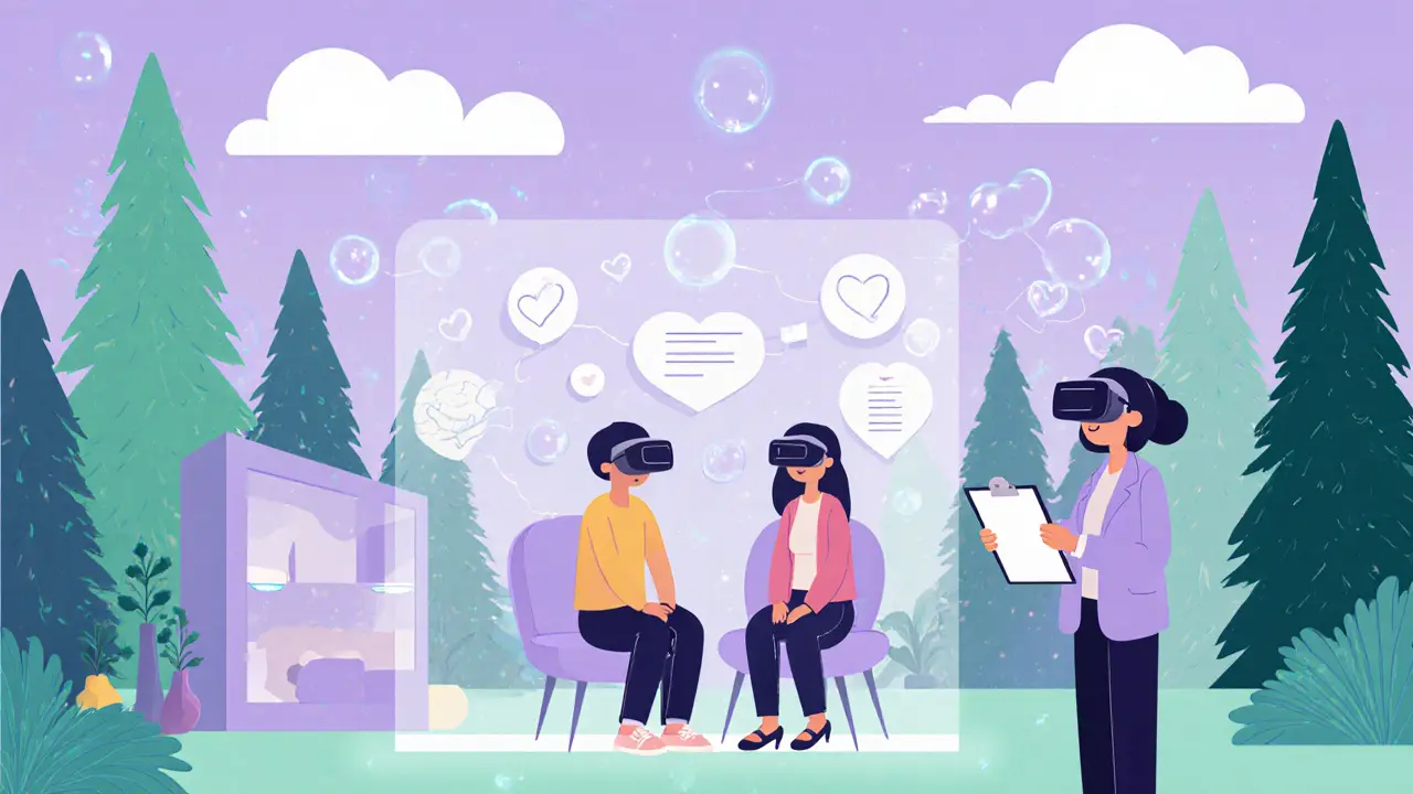 Pár v virtuálním lese přes VR headsets, terapeut jako průvodce.