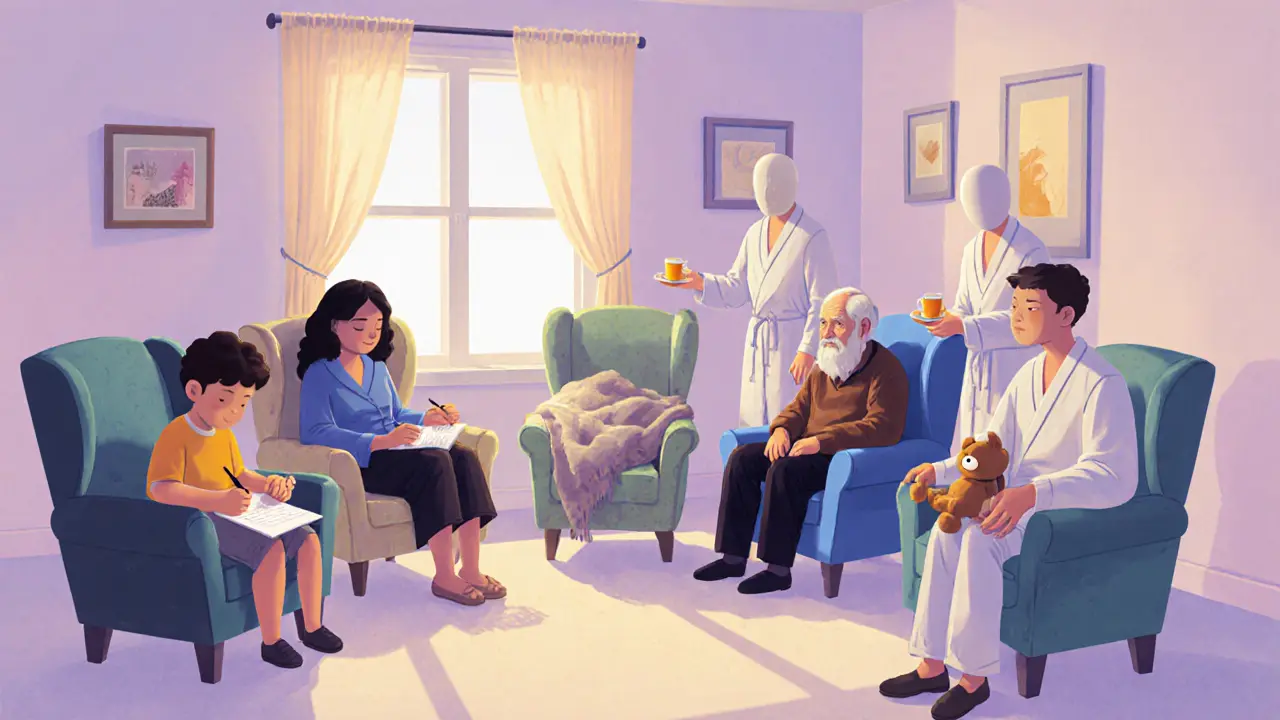 Pět lidí v pohodlných křeslech v klidné místnosti, kde jim pomáhají tiché pomocníky.