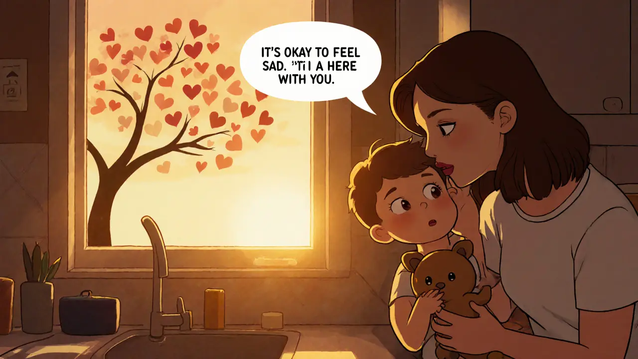 Rodič šeptá dítěti v kuchyni při západu slunce, drží malou hračku, dítě poslouchá s údivem.