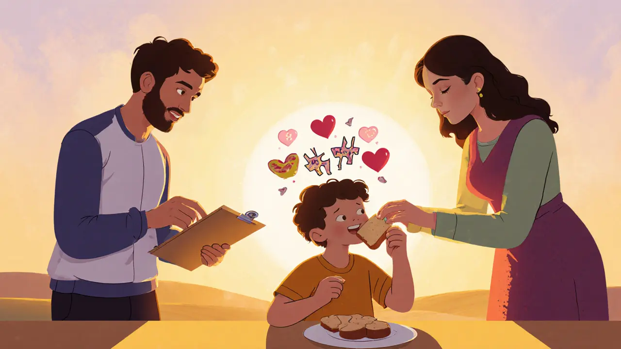 Rodina společně jí, rodiče podávají chléb, terapeut pozoruje, myšlenky se pomalu spojují.