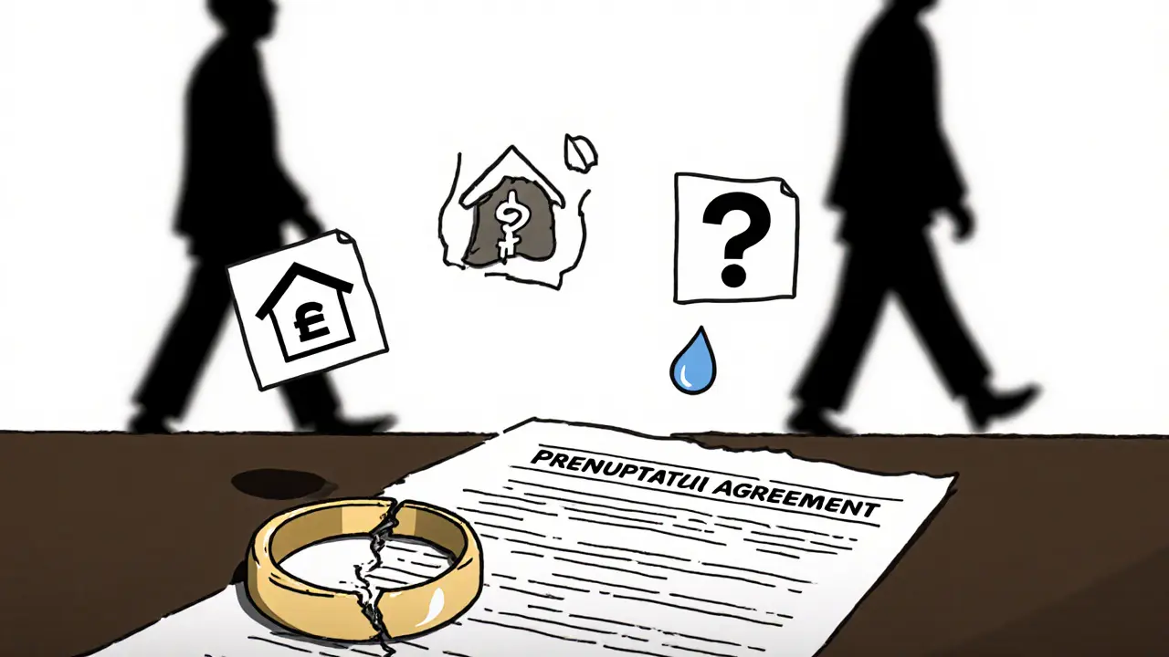 Rozbitý prsten a smlouva na stole, nad nimi ikony domu, účtu, slzy a otazníku, dva stíny odcházejí opačným směrem.