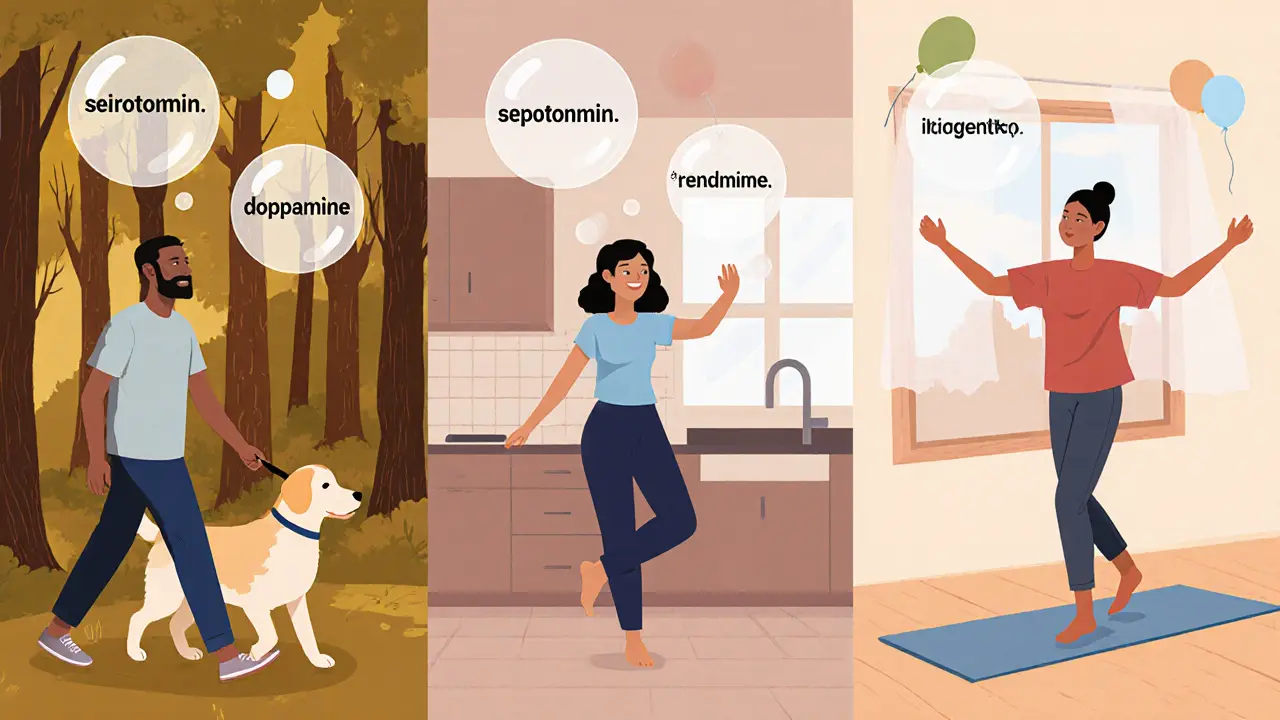 Různí lidé se pohybují klidně: procházejí, tancují, dělají jógu – bez nátlaku.