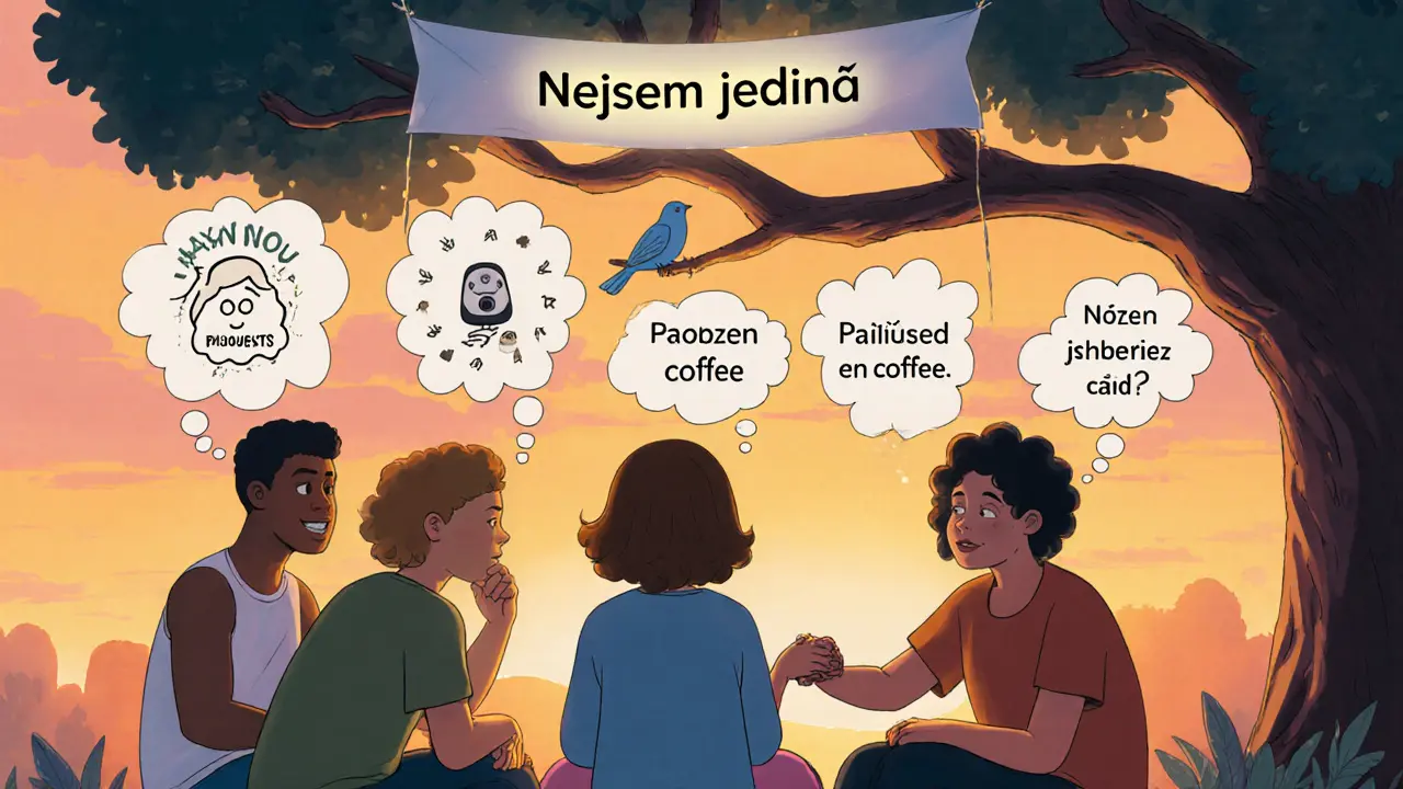 Skupina lidí v kruhu s paranoidními myšlenkami, ale nad nimi se objevuje nápis &#039;Nejsem jediný&#039;.