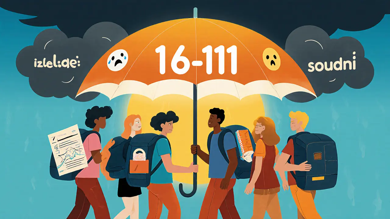 Skupina mladých lidí chráněných deštníkem s číslem 116 111, odstraňujících své tíživé zátěže.