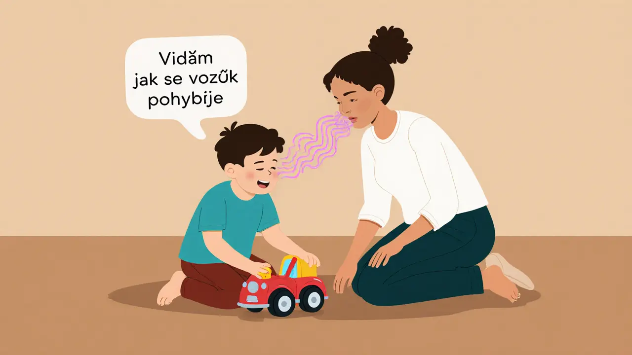 Terapeut a dítě společně dýchají při hře s vozíkem, viditelné dechy a klidná atmosféra.