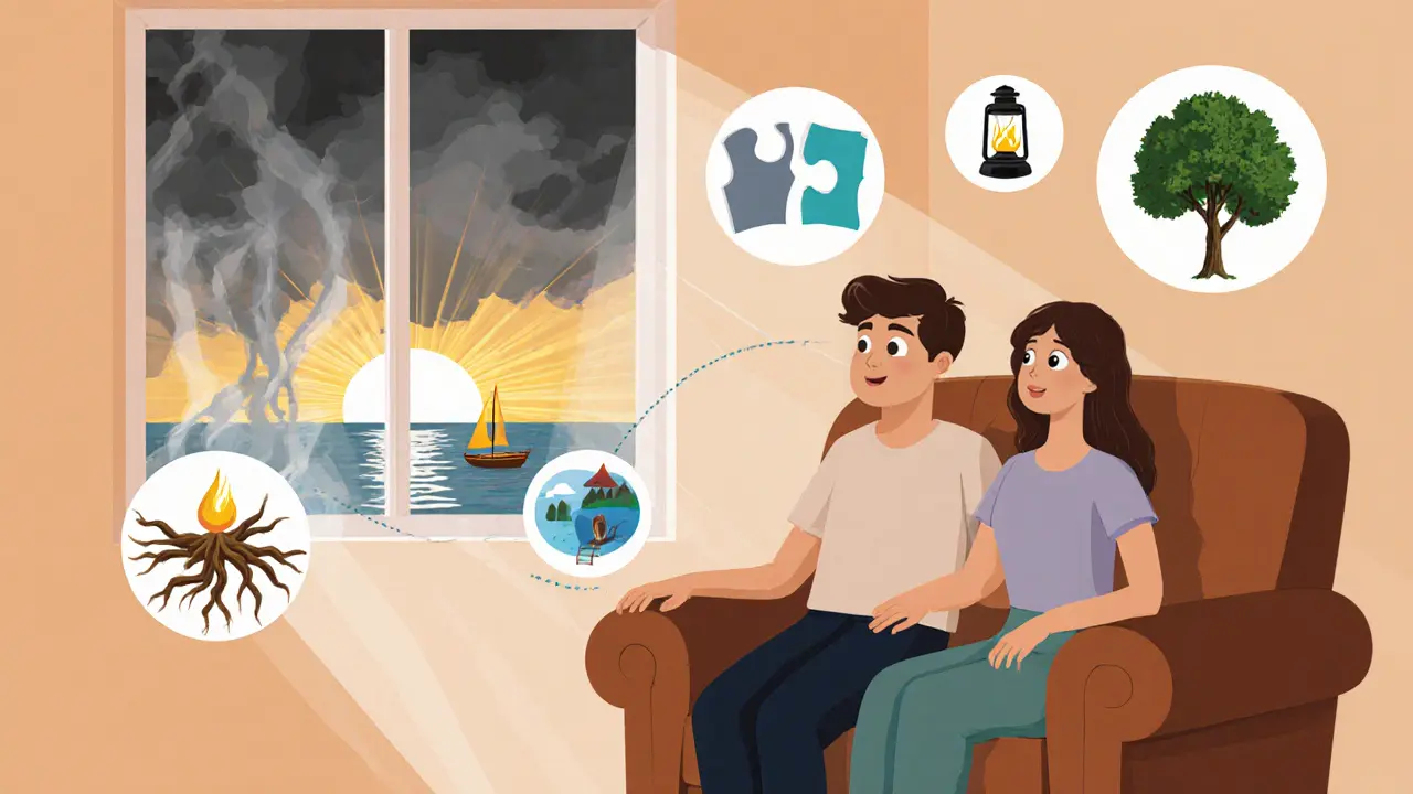 Terapeut a klient sedí spolu v pohodlném křesle, kolem nich plavou symboly vnitřního růstu.