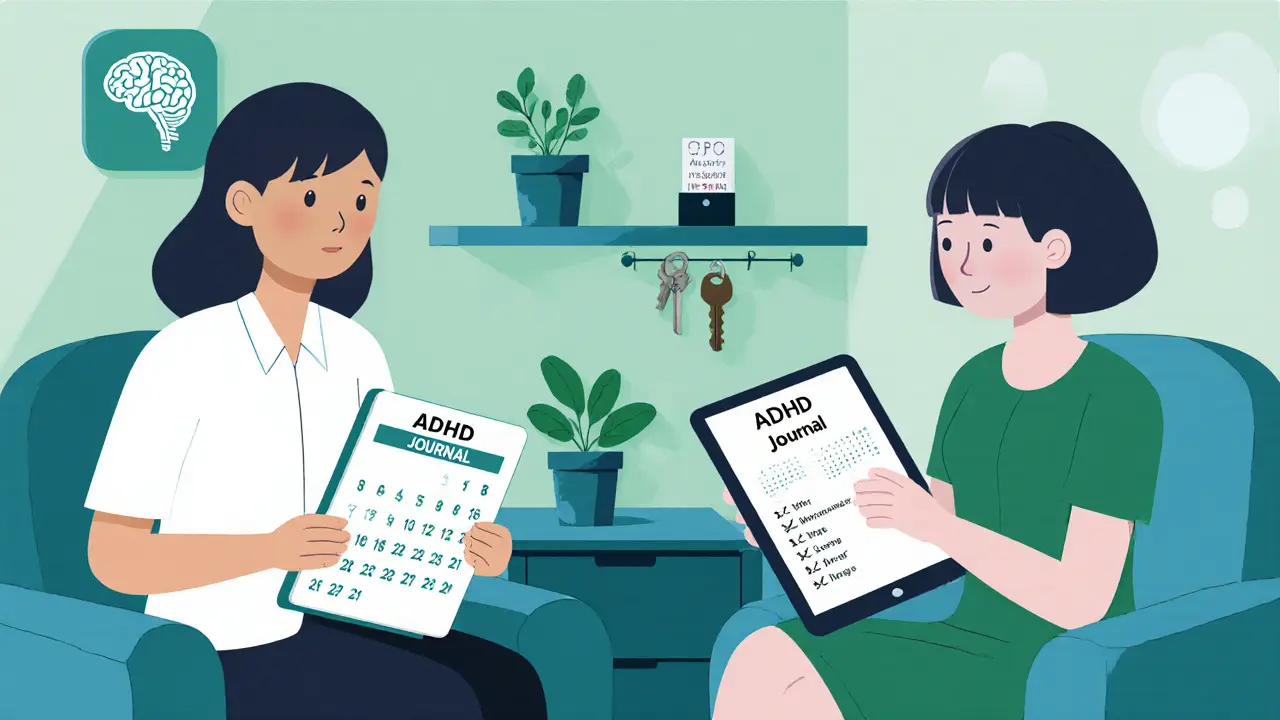 Terapeut a klient spolu v kanceláři, na tabletu připomínky pro klíče a úkoly, v pozadí místo pro klíče.