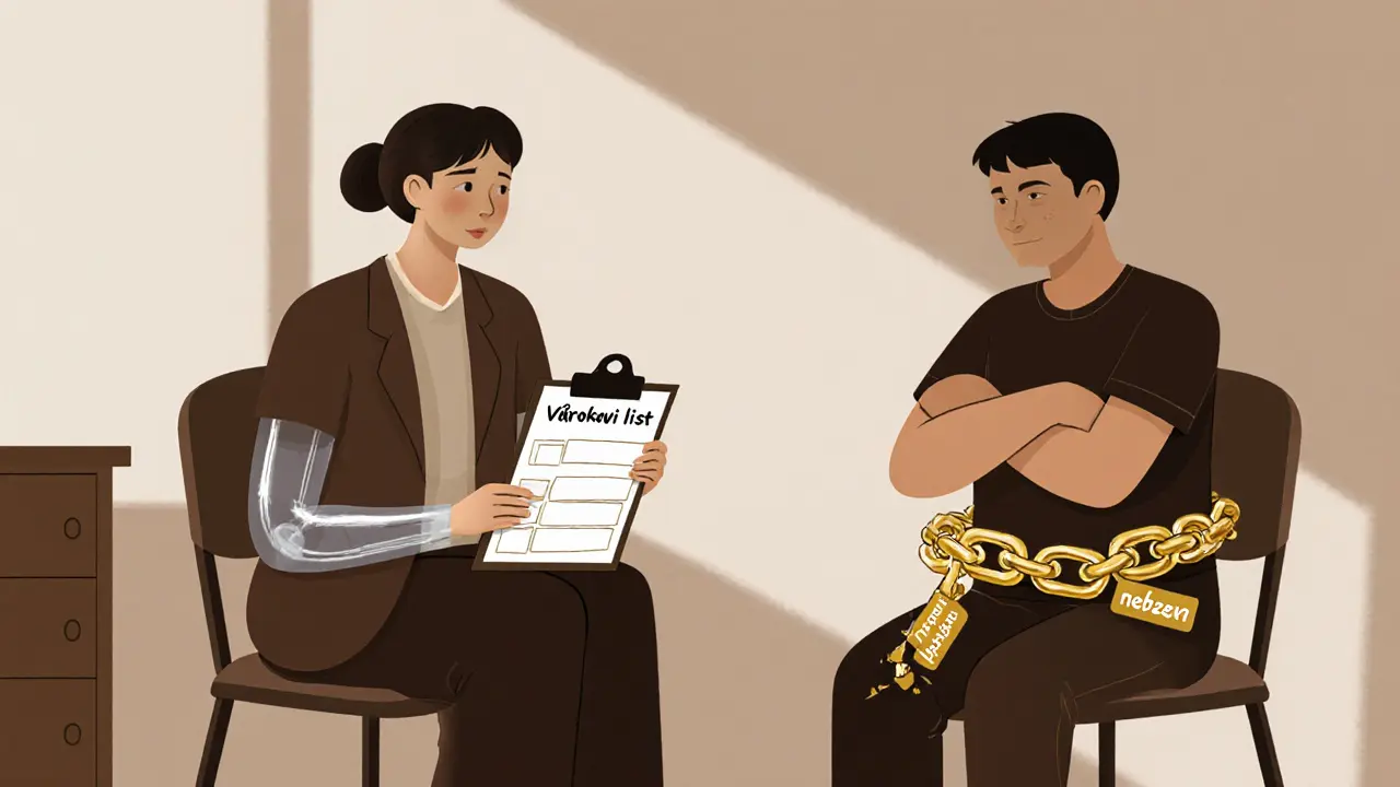 Terapeut a pacient u stolu s výrokovým listem, pacient má řetěz podezření, který se začíná lámat.