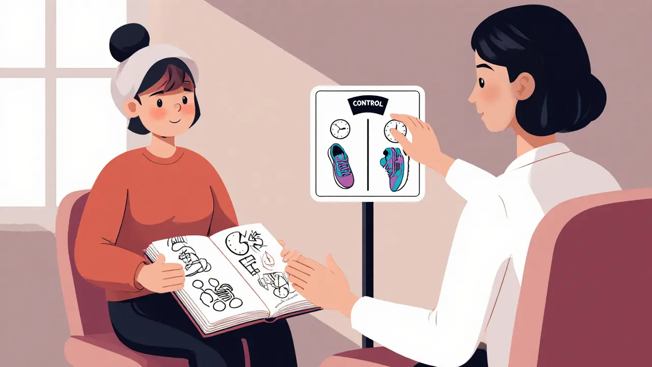 Terapeut a pacientka sedí spolu, přičemž se zaměřují na journal a váhu s nápisem &#039;kontrola&#039;.