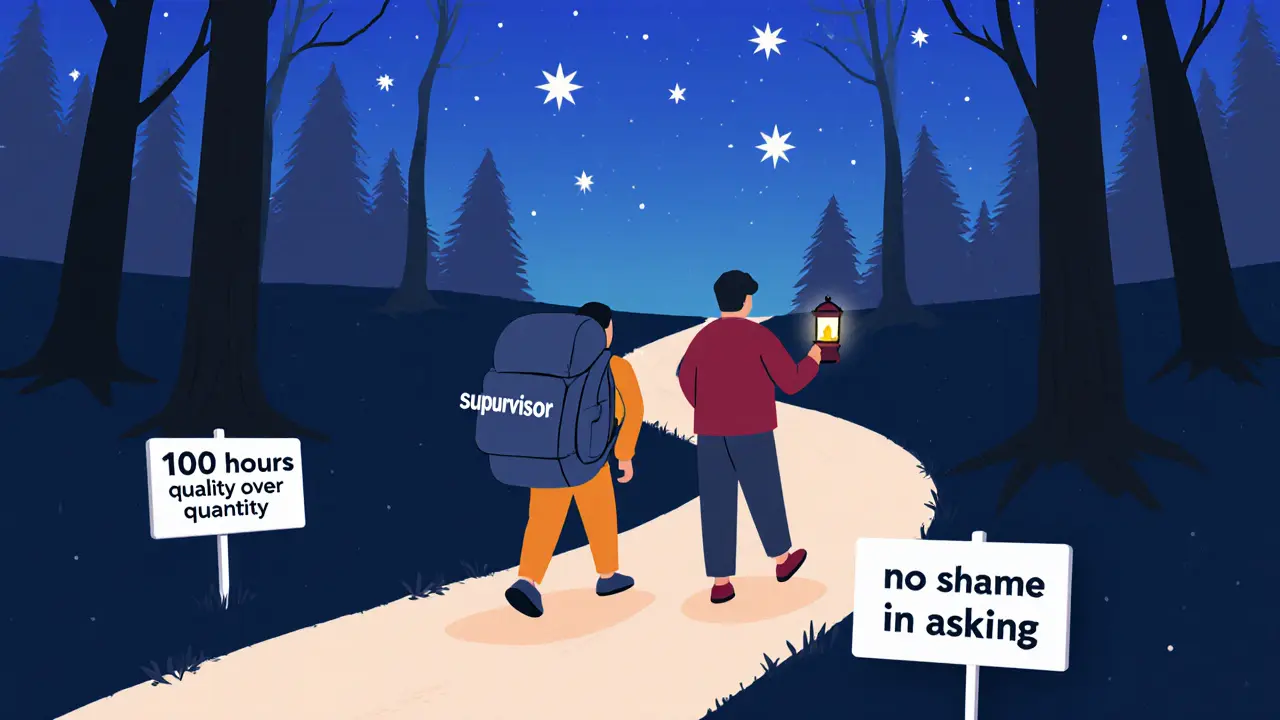 Terapeut a supervizor jdou lesní cestou s lucernou a batohem emocí.