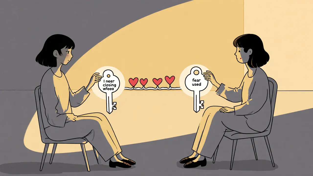 Terapeut pomáhá páru spojit klíče, které symbolizují jejich potřeby, zatímco se mezi nimi tvoří most srdcí.