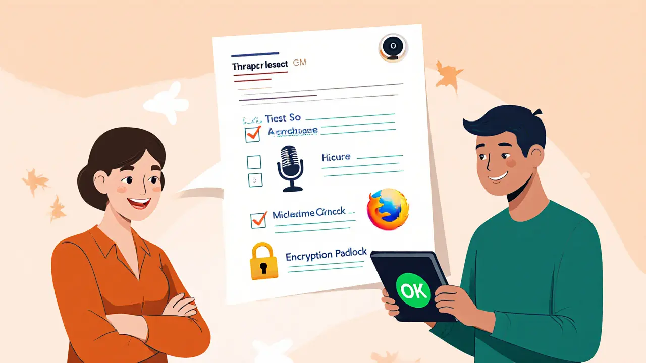 Terapeut posílá klientovi návod, jak otestovat kameru a hlas pro bezpečnou teleterapii.