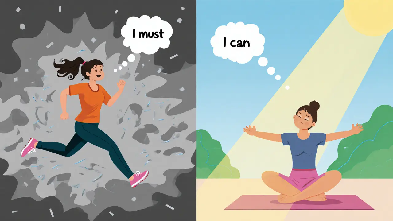 Žena přechází z běhu k józe, myšlenky se mění z &#039;musím&#039; na &#039;mohu&#039;.