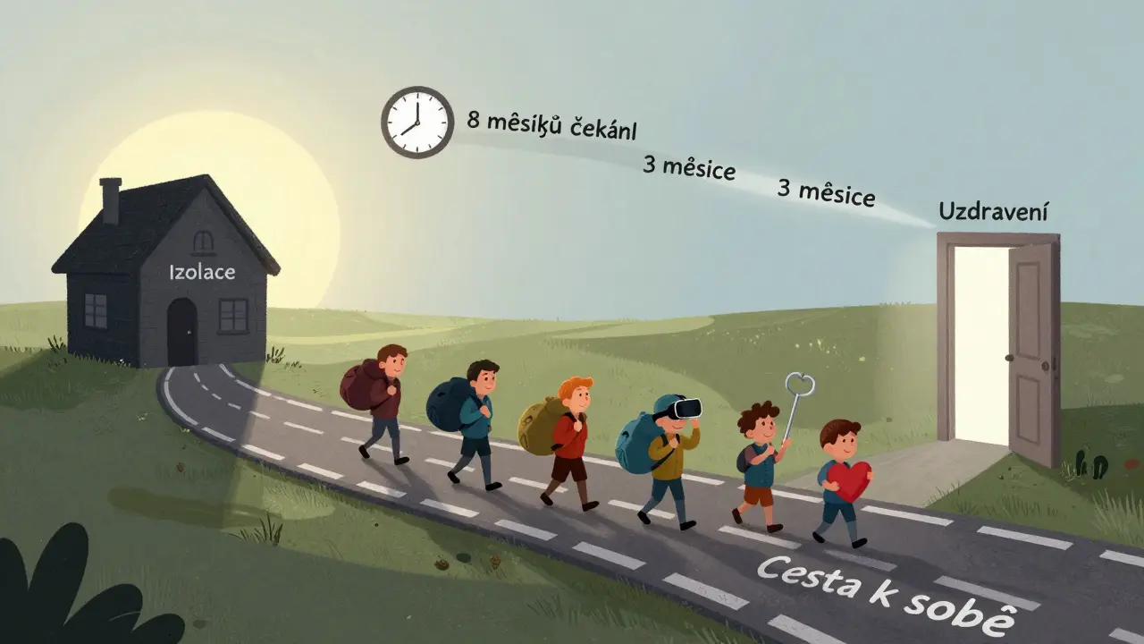 Cesta k uzdravení od izolace k naději, s postavami různých poruch osobnosti na cestě.